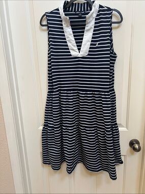 Nautica Jeans Size L Women’s Navy & White Striped Sleeveless V-Neck Dress